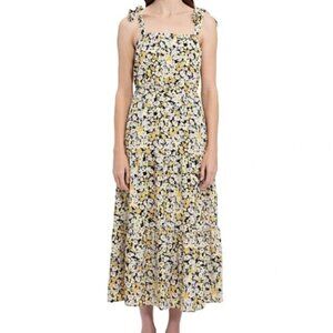 Social Standard by Sanctuary Black Yellow Floral Shoulder Tie Smocked Midi Dress